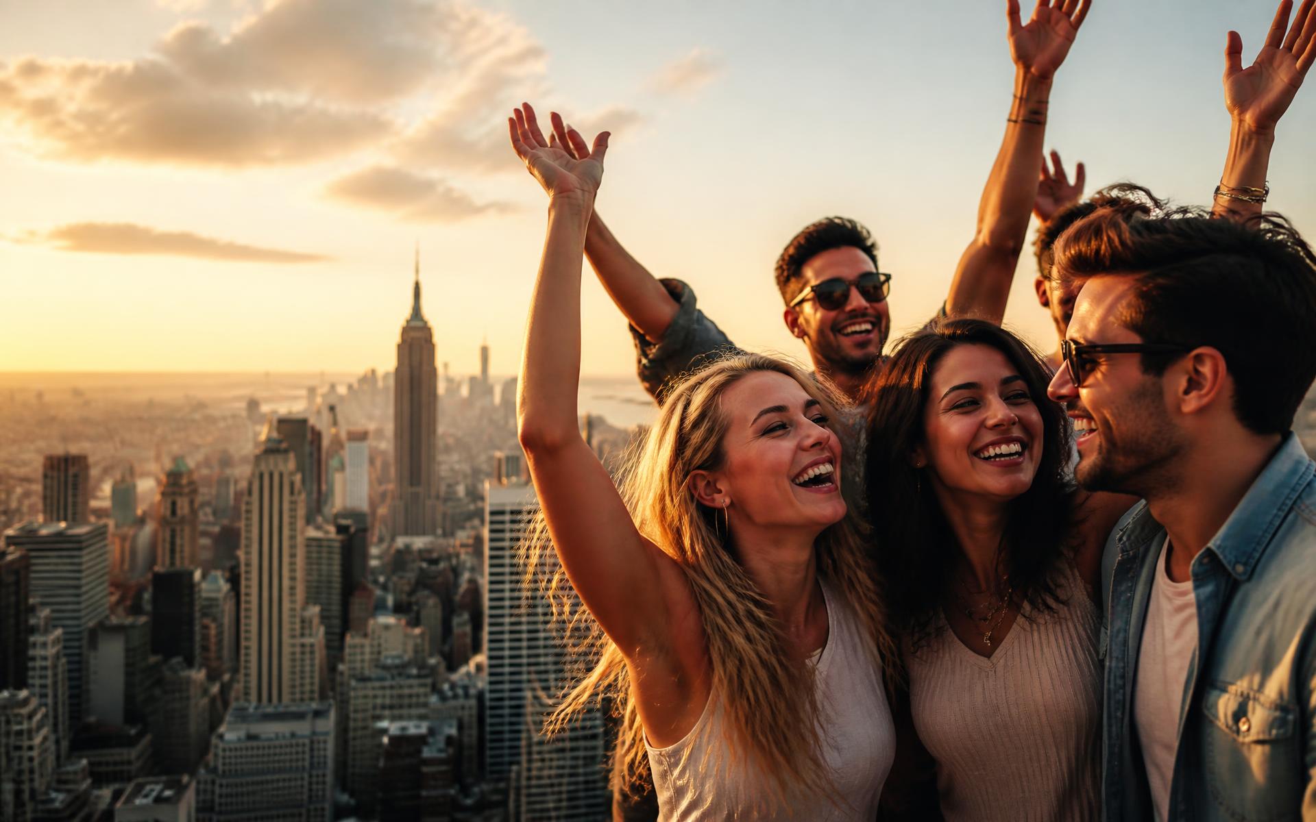 Gruppo di amici in viaggio al tramonto sullo skyline di New York
